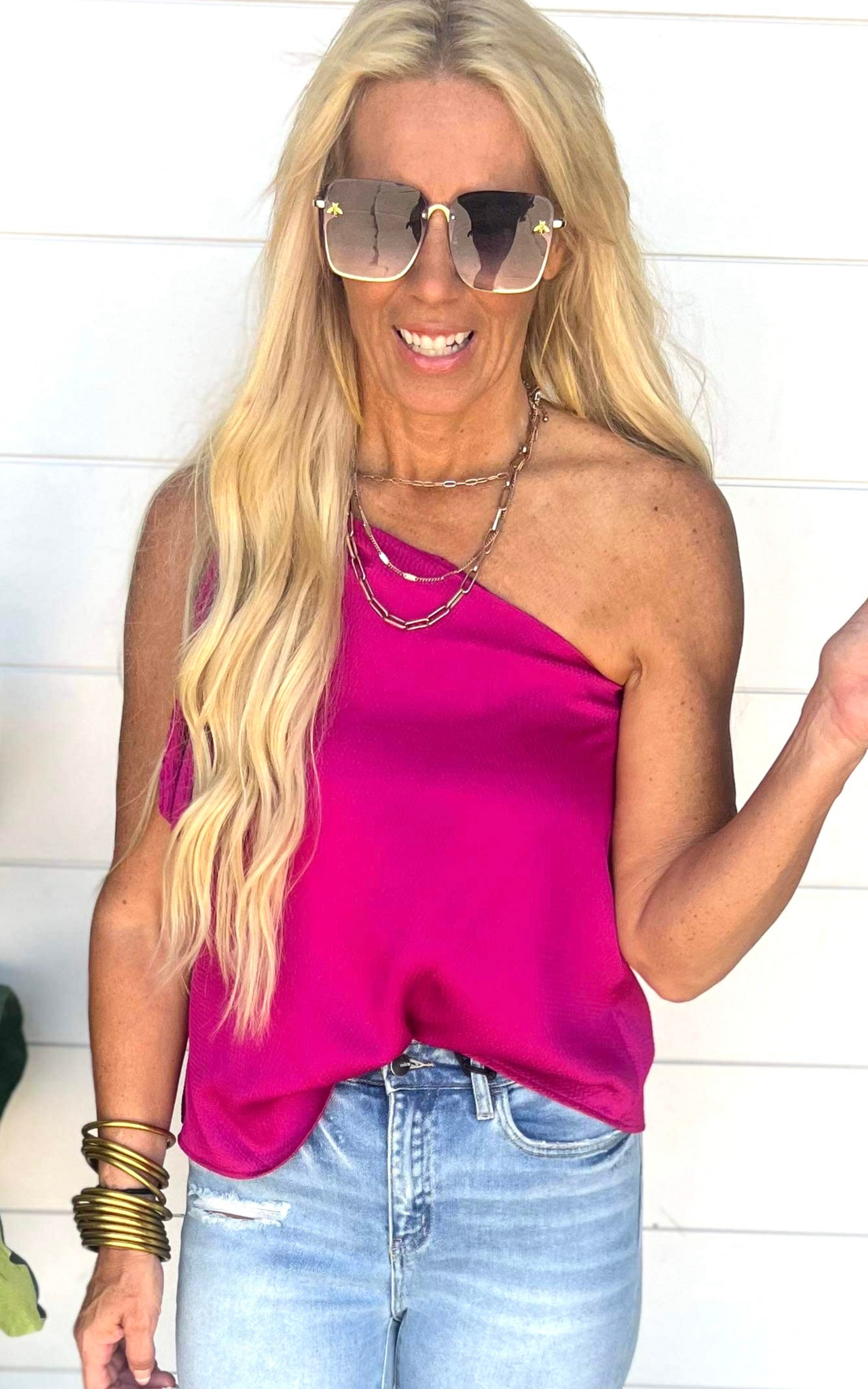 The Addison Fuchsia Satin One Shoulder Top - Final Sale