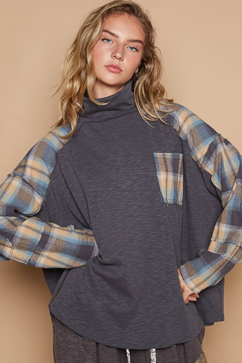 Turtleneck Plaid Contrast Long Sleeve Top | POL