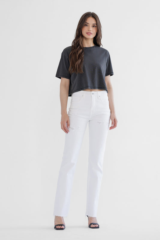 Egg Shell High Rise Slim Straight Leg Denim Jeans | MICA **PREORDER