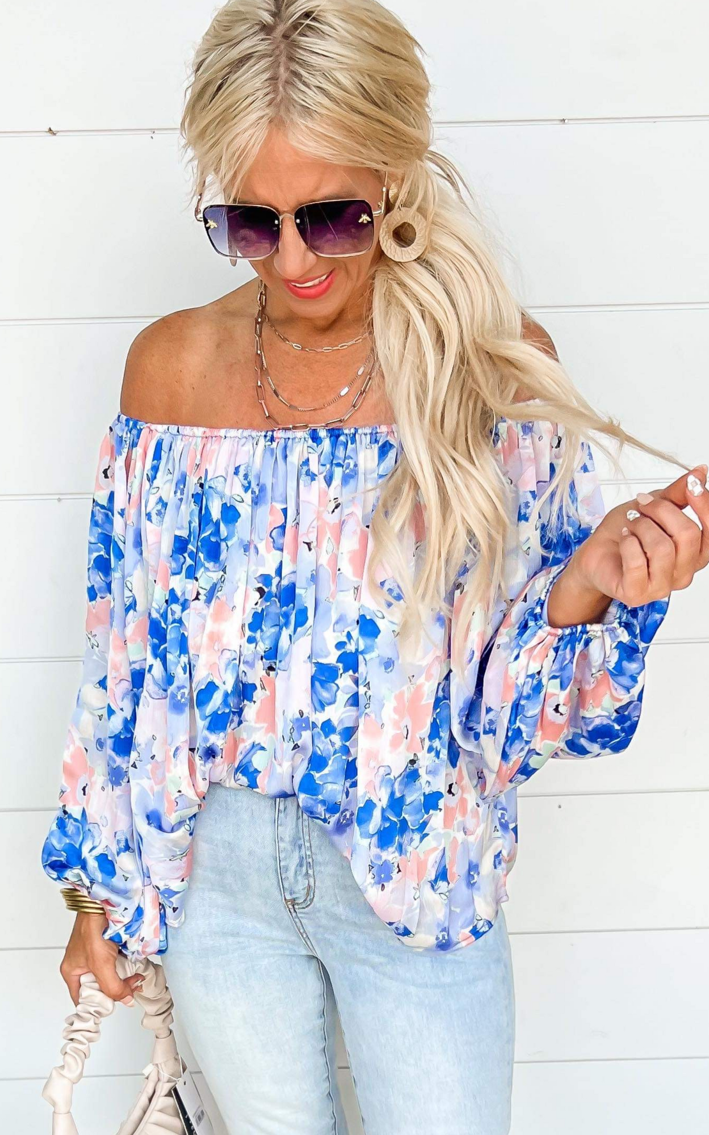 The Peony Off the Shoulder Peasant Top - Blue