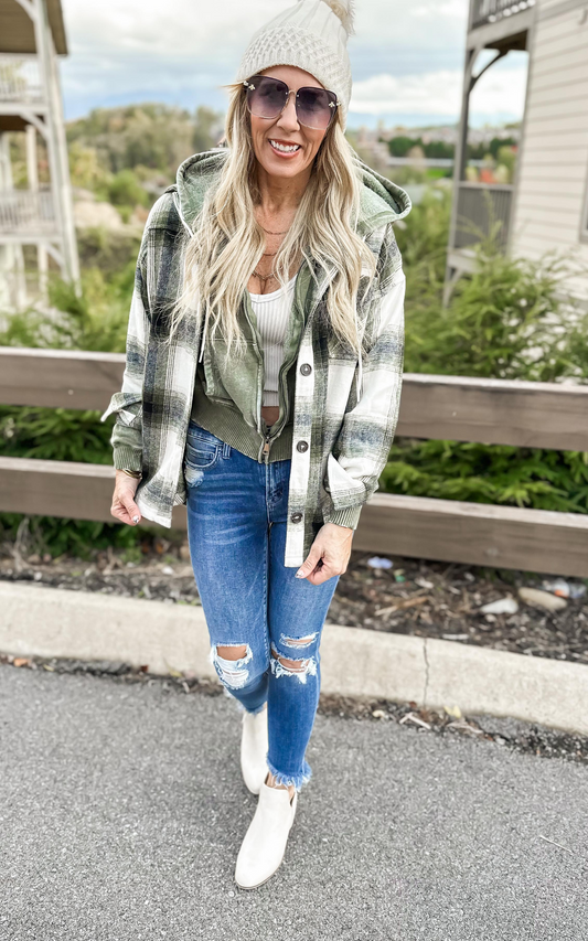 Stay Cozy Oversized Plaid Shacket - Olive - Final Sale