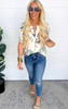 Floral Linen Smocked Sleeves Vneck Top