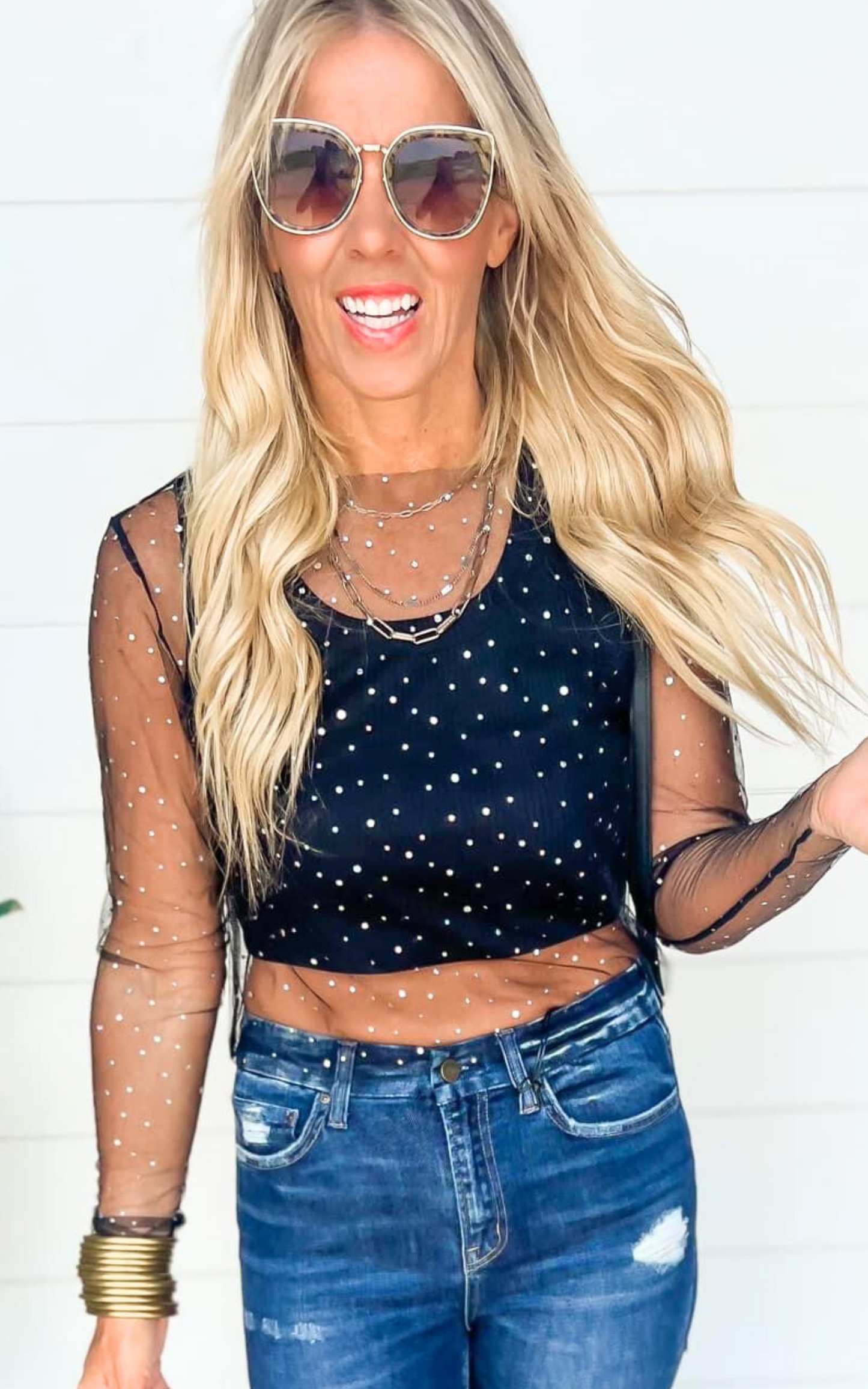 Black Sheer Mesh Top with Rhinestones | FINAL SALE