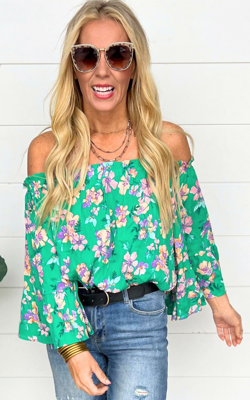 Blossoming With Joy Off The Shoulder Floral Blouse | Green | FINAL SALE