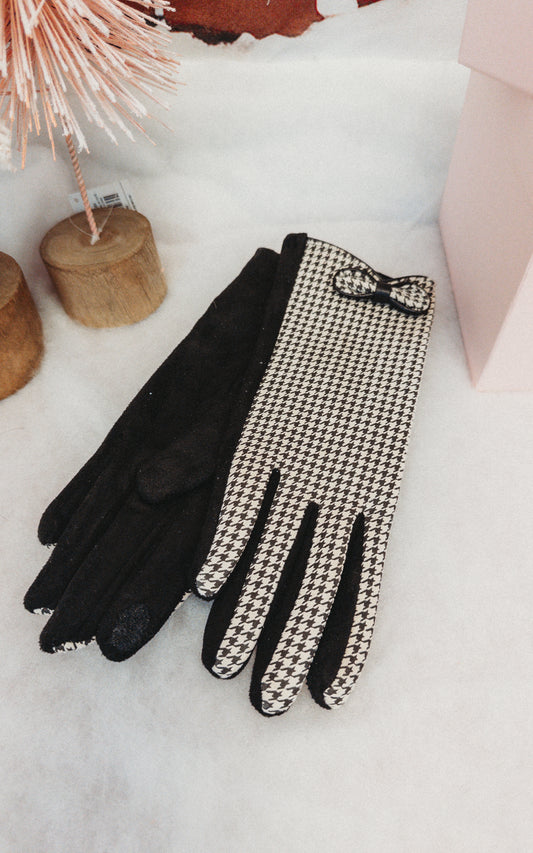 Black Small Houndstooth Faux Suede Gloves w/ Bow Detail