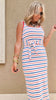 Red, white, and blue striped knit midi dress with waist tie and scoop neckline.
