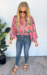 Floral Puff Sleeve Blouse - Hot Pink