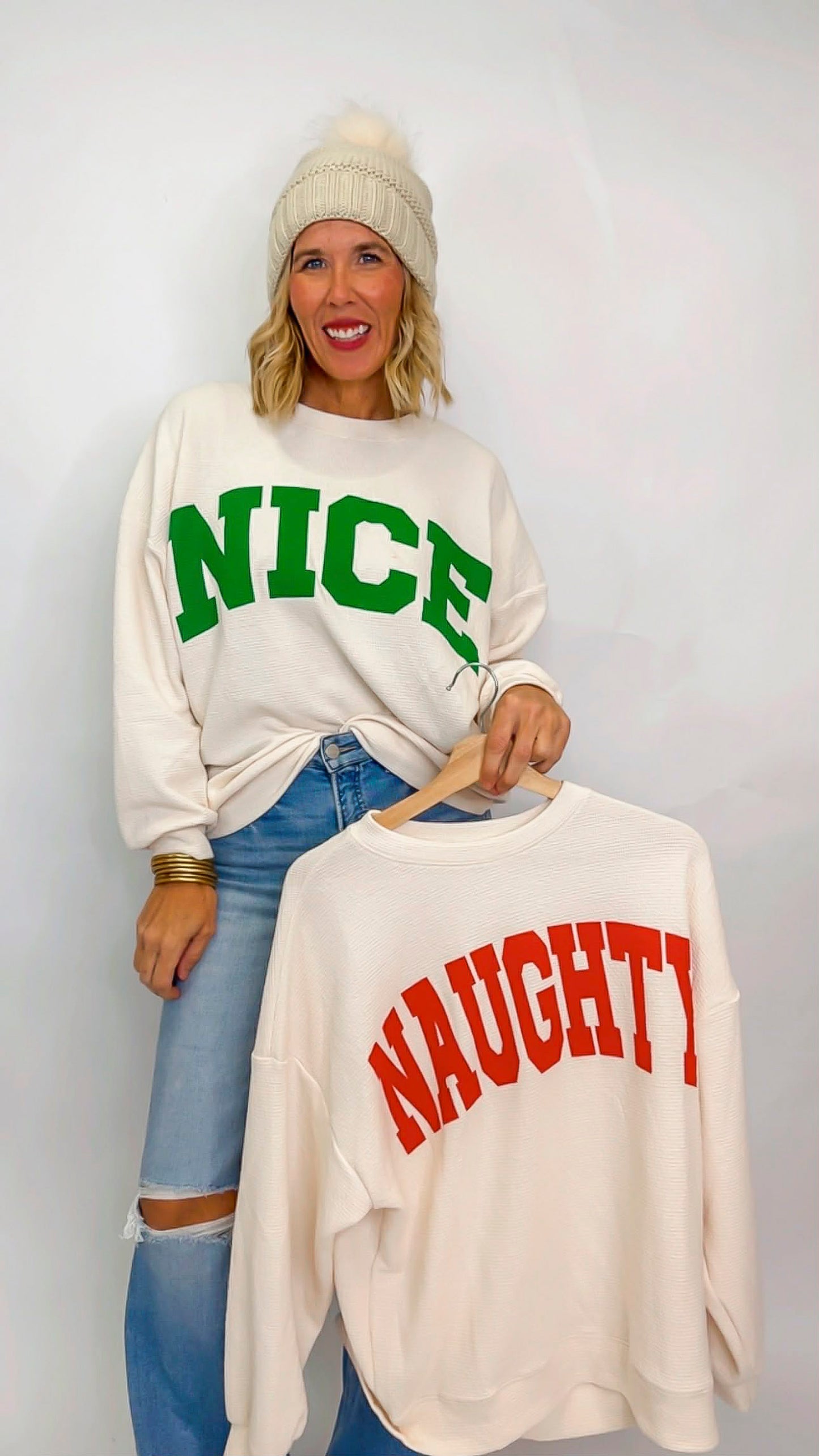 "Nice" Cloudy Knit Long Sleeve Graphic Top