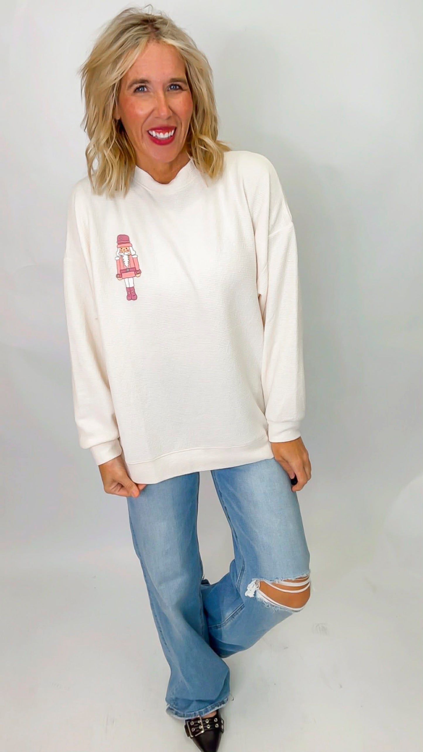 Nutcracker Pink Cookie Graphic Cloudy Knit Sweatshirt