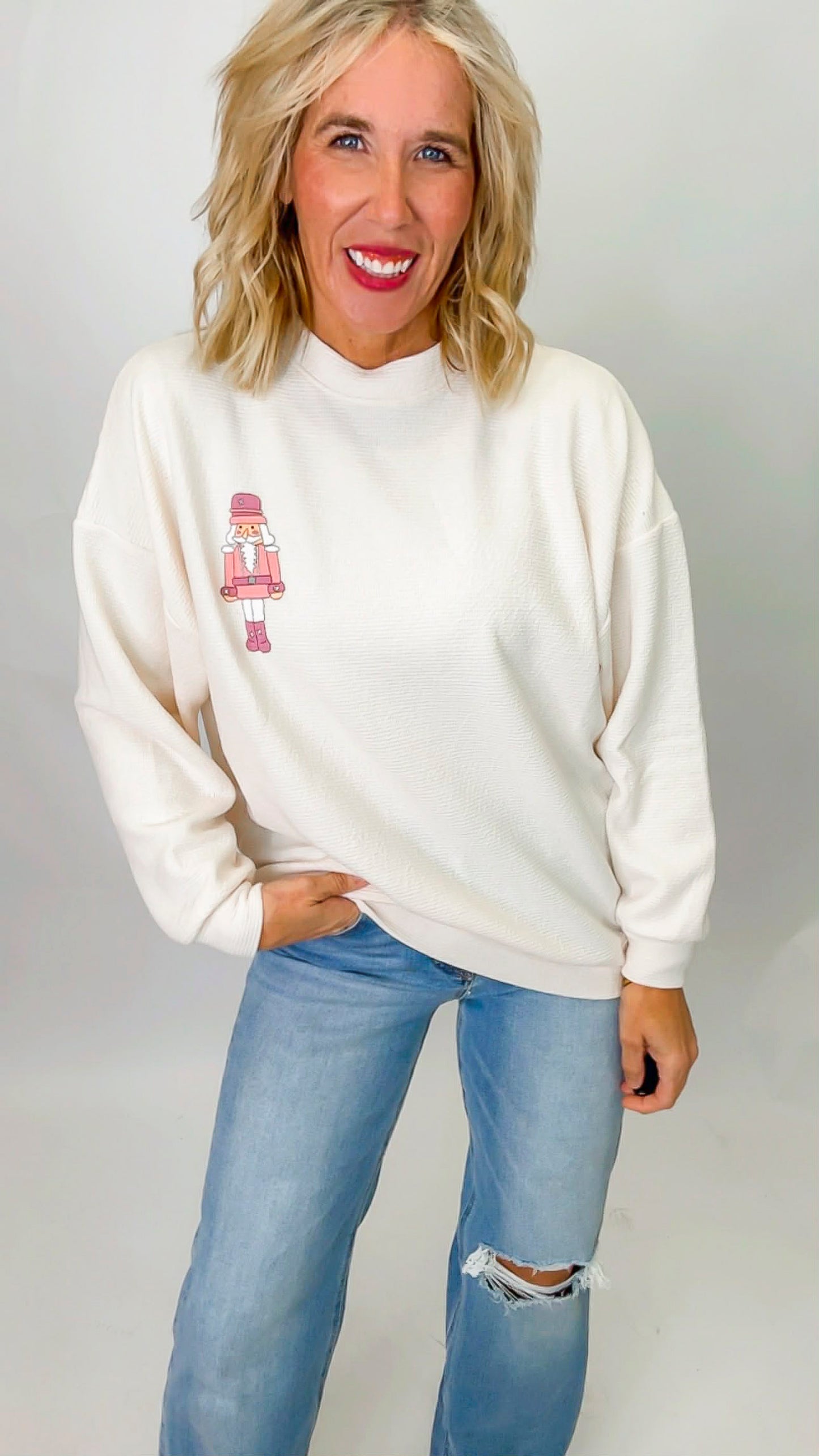 Nutcracker Pink Cookie Graphic Cloudy Knit Sweatshirt