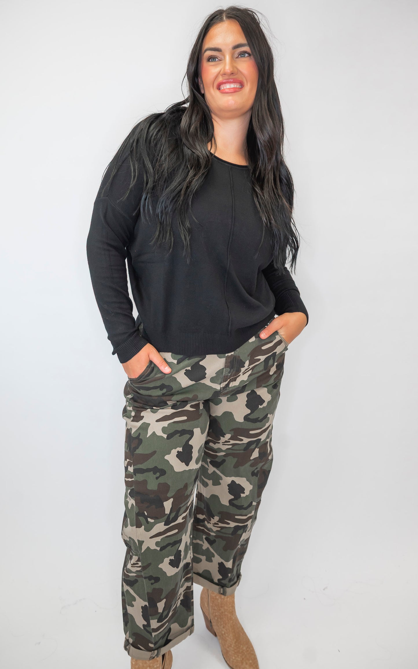 Camo High Rise Ankle Barrel Double Roll Up Pants | RISEN