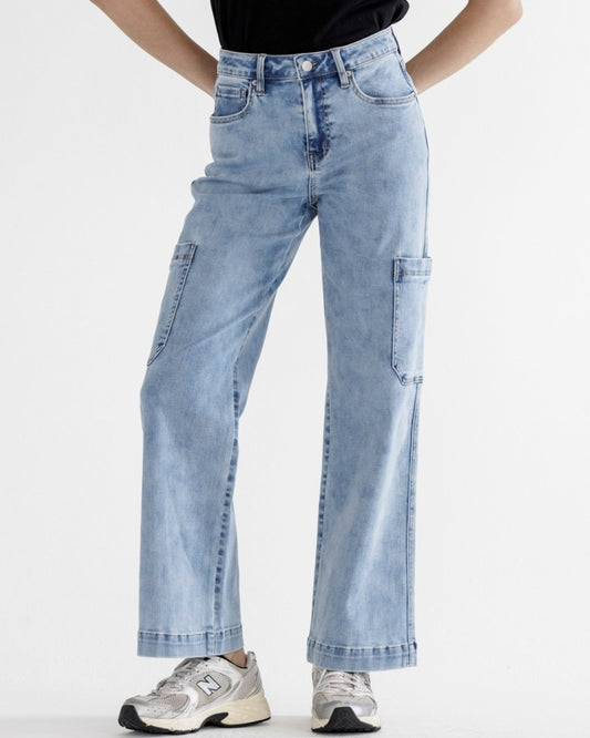 Maya Blue High Rise Wide Cargo Denim Jeans | MICA *30A SEPT PREORDER