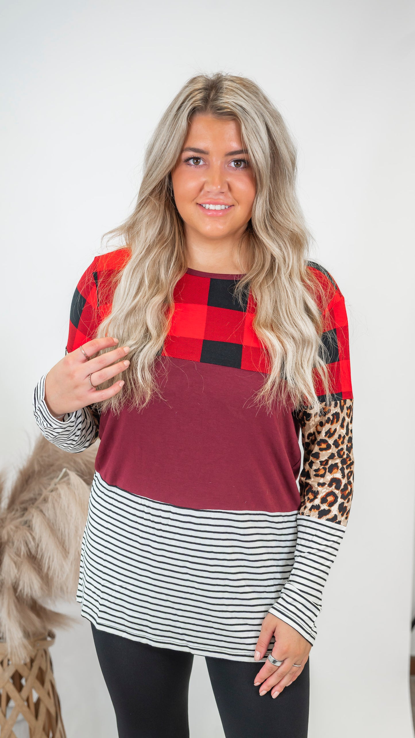 Buffalo Plaid & Leopard Colorblock Top