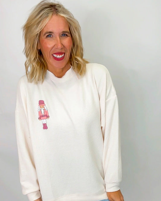 Nutcracker Pink Cookie Graphic Cloudy Knit Sweatshirt