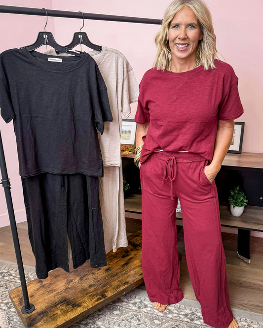 Cotton Slub Short Slv Tee & Pants Set (3 COLORS) | ZENANA *LA LIVE PREORDER