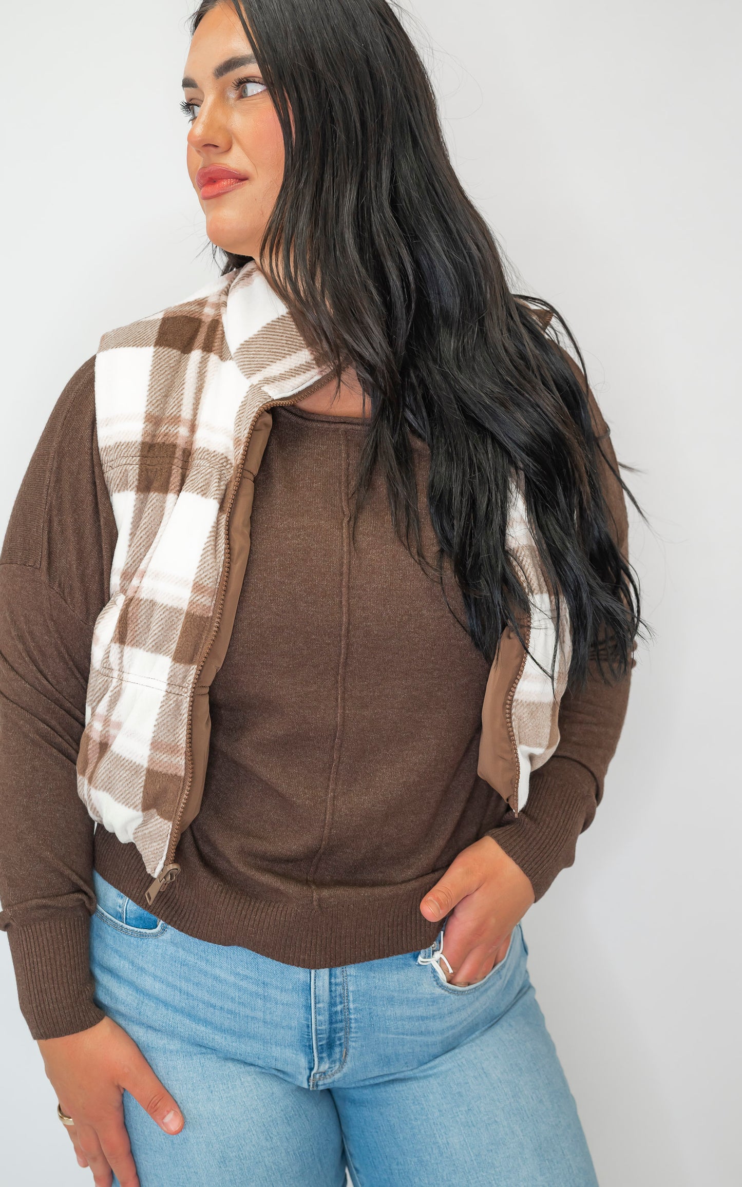Mocha Full-zip Reversible Plaid Puffer Vest *DEAL*