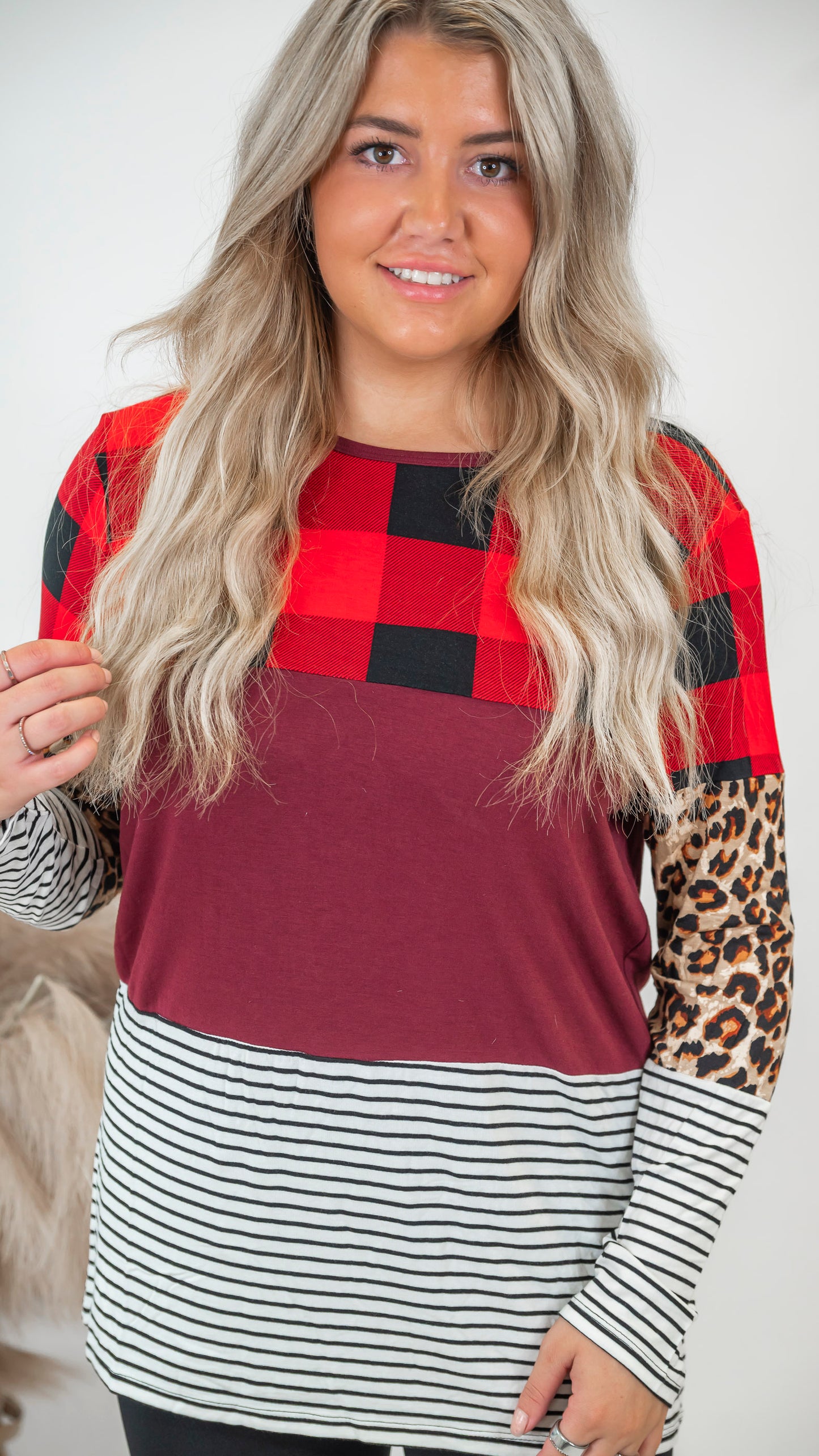 Buffalo Plaid & Leopard Colorblock Top