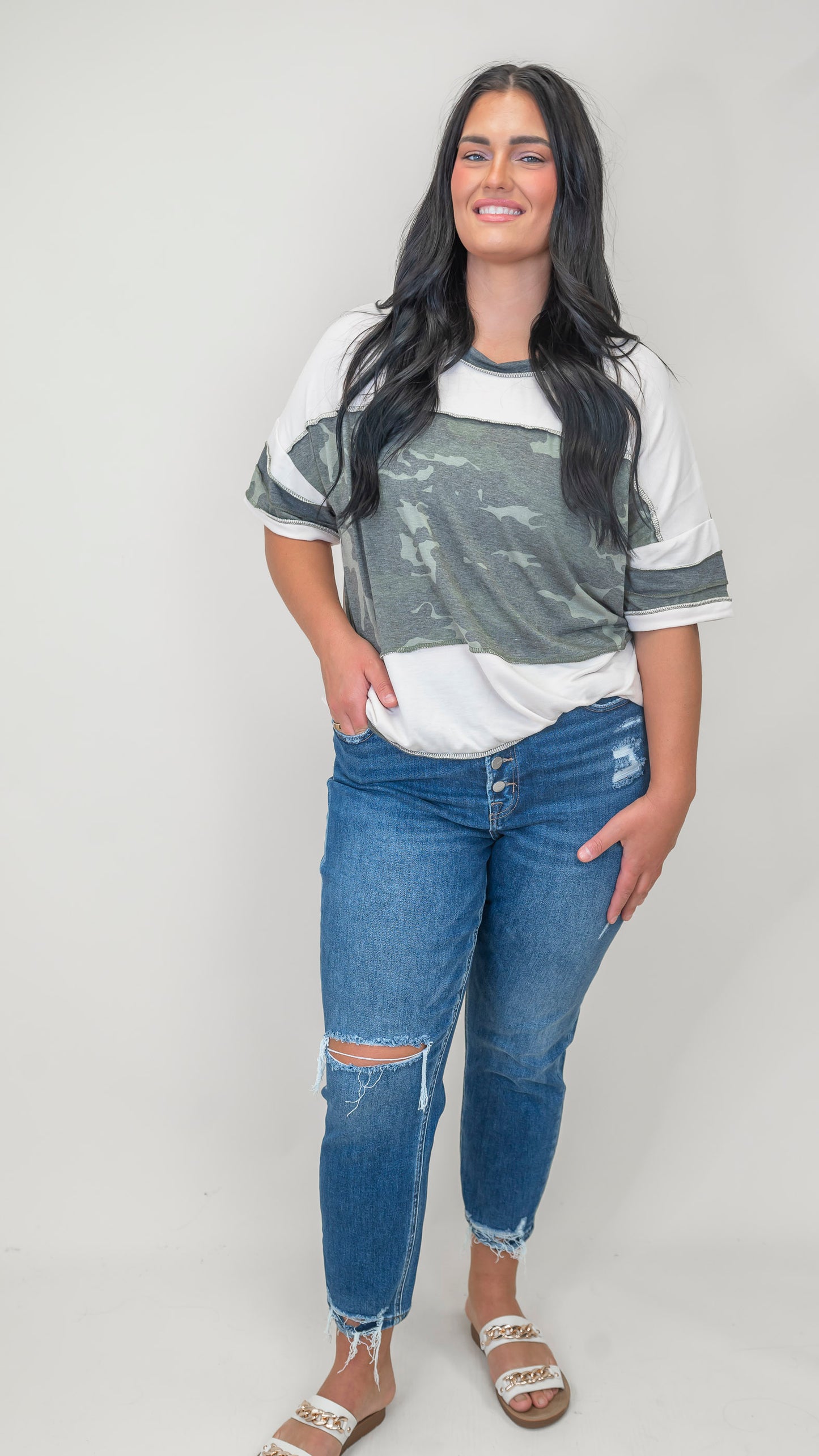 French Terry Camouflage Print Loose Fit Top