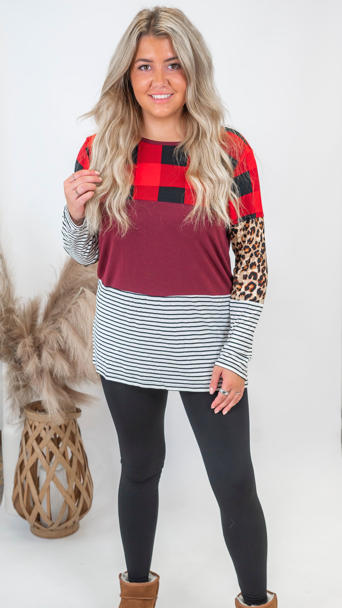 Buffalo Plaid & Leopard Colorblock Top