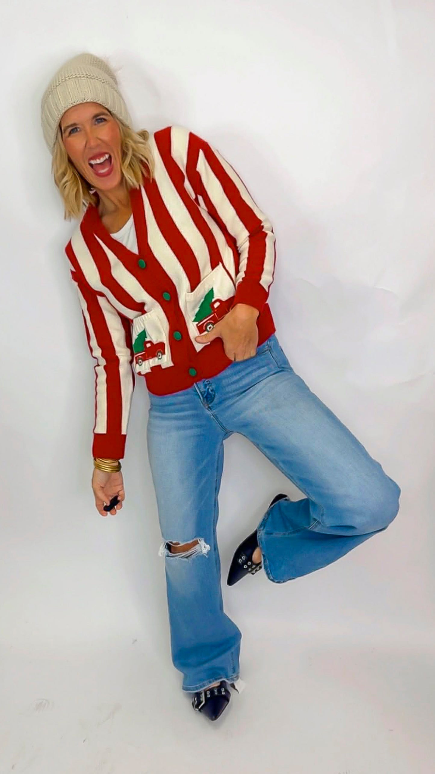 Christmas Truck Pocket Stripe Cardigan