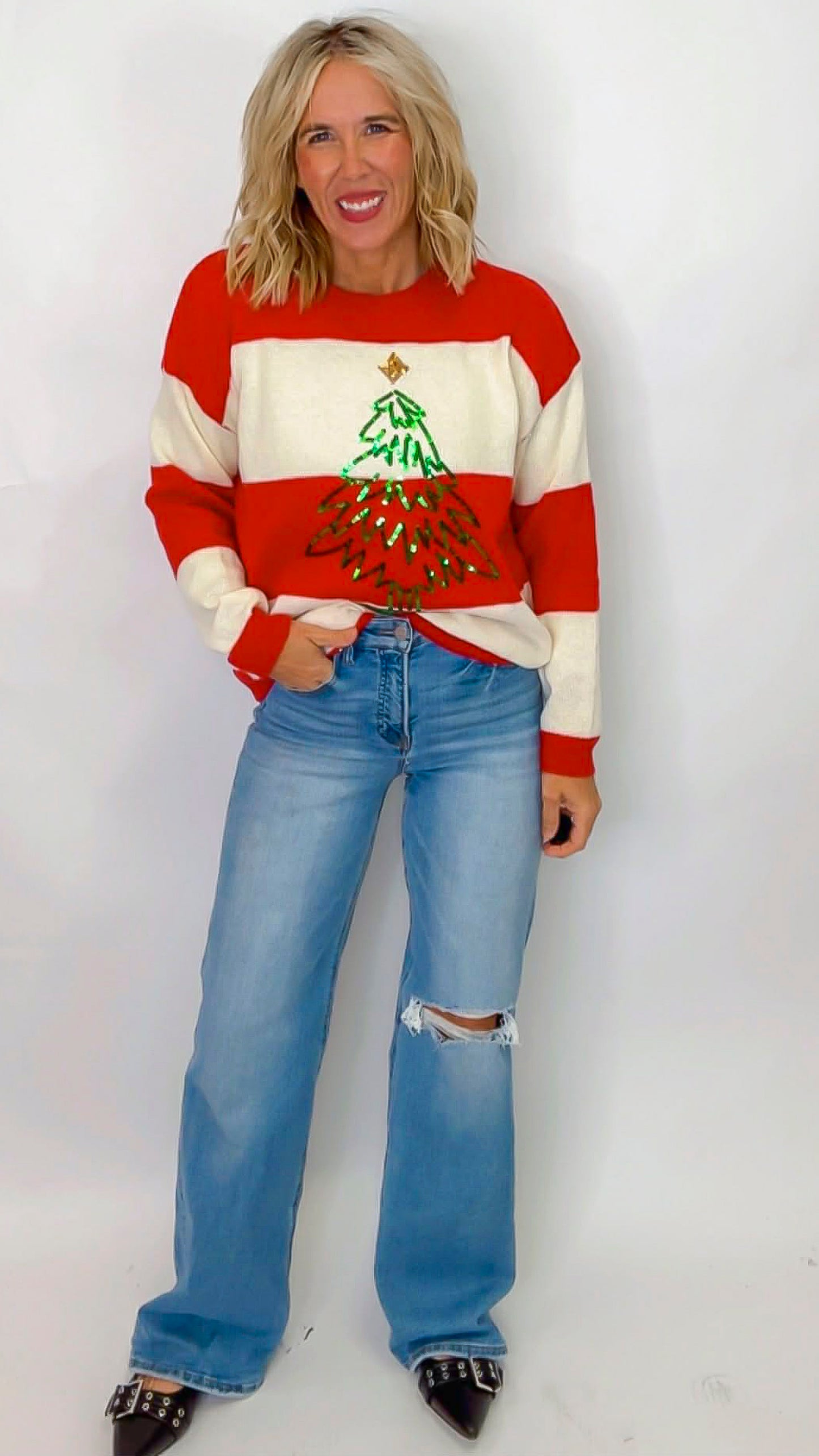 Tree Sequins Stripe Sweater Top*