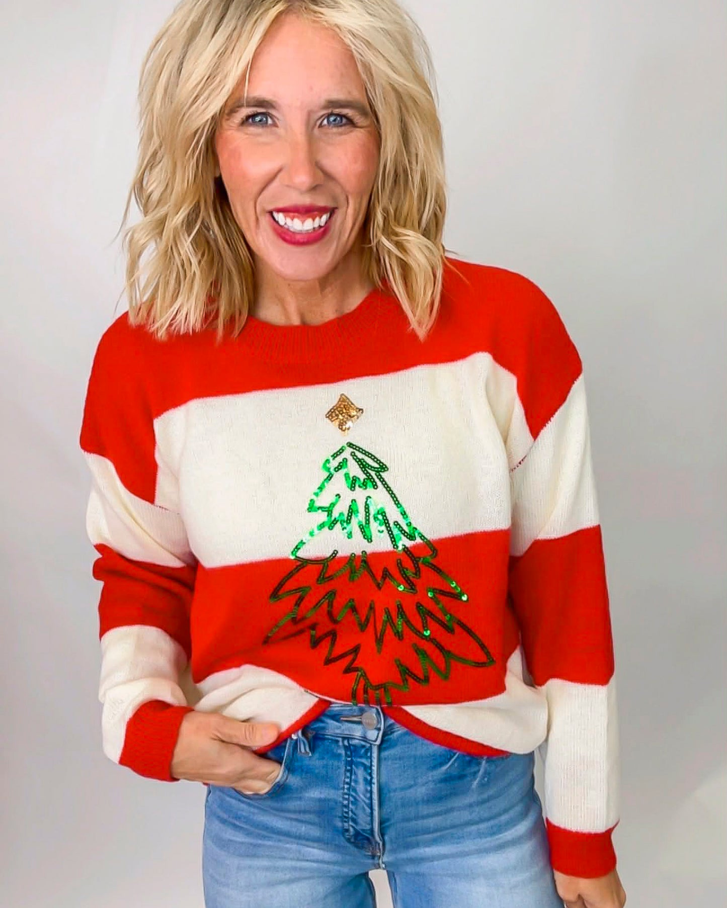 Tree Sequins Stripe Sweater Top*