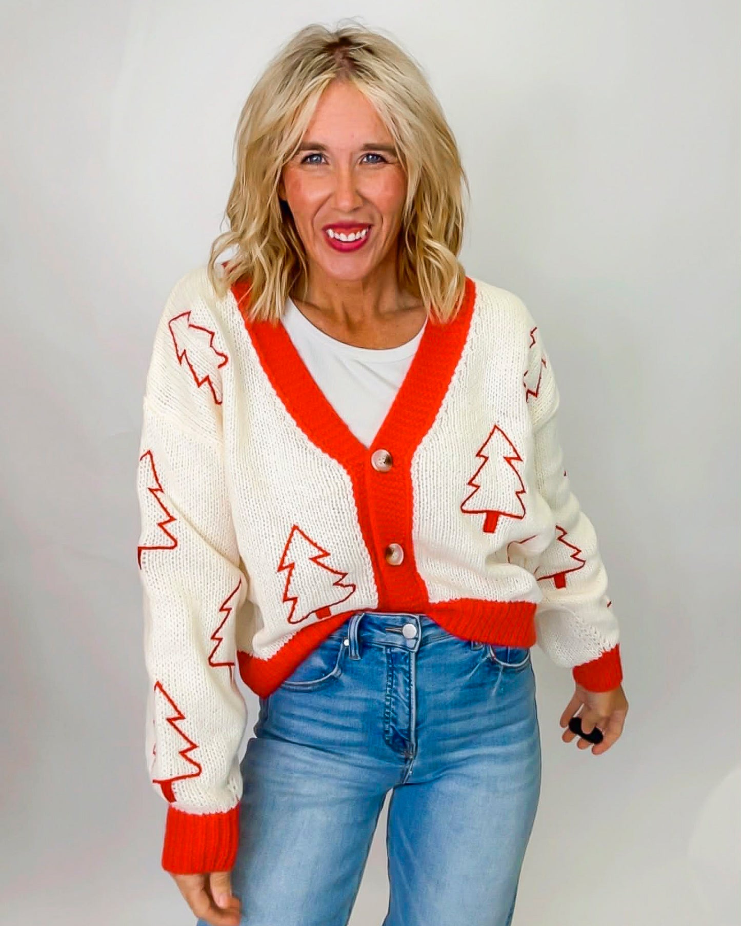 Tree Embroidered Contrast Sweater Cardigan