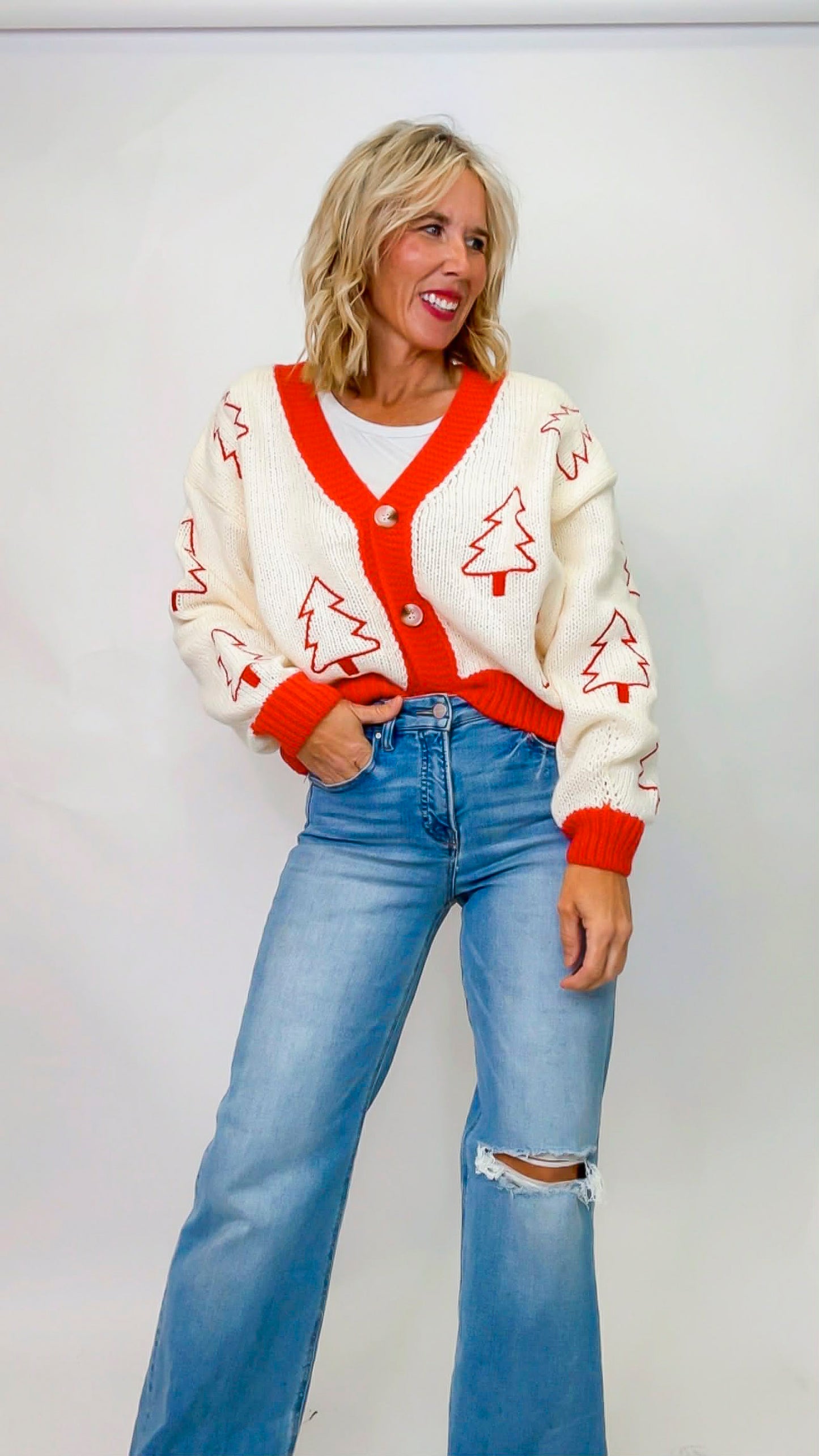 Tree Embroidered Contrast Sweater Cardigan