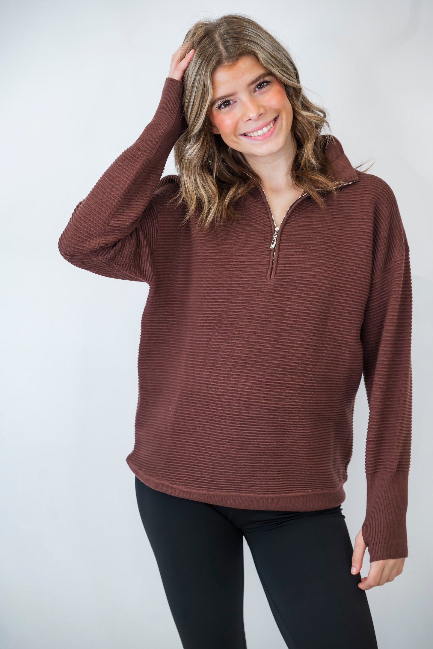 On Repeat Brown Half-Zip Pullover | SALTY WAVE
