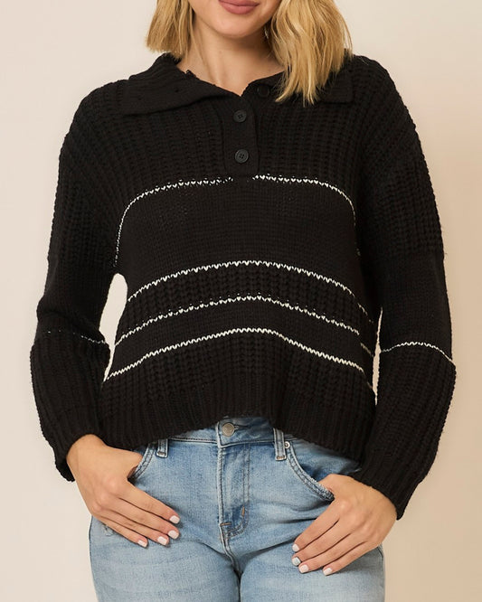 Black Button Up Knit Sweater With Contrast Stripes | COZY CO *30A SEPT PREORDER