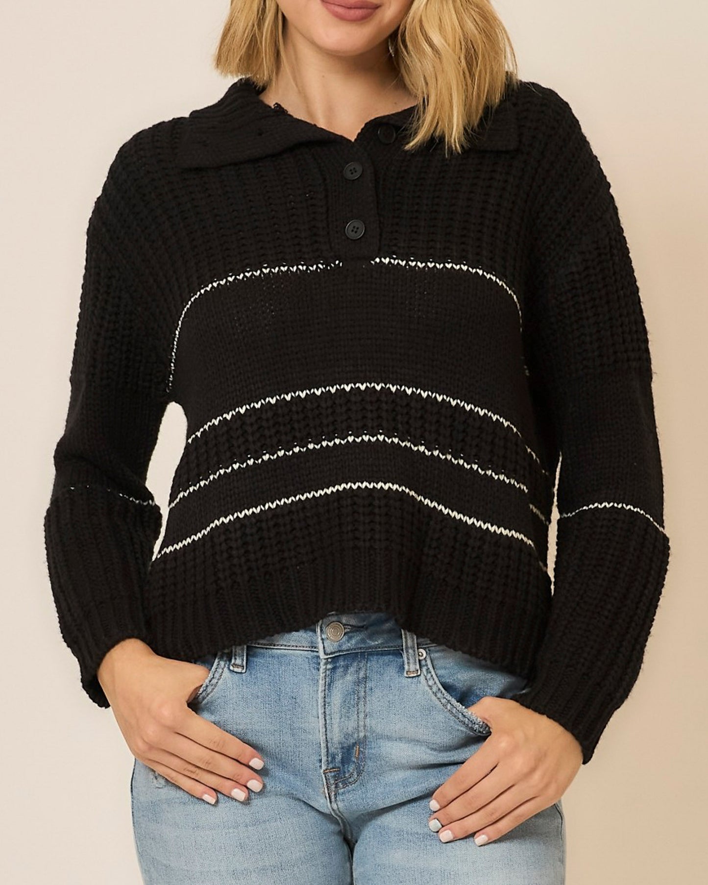 Black Button Up Knit Sweater With Contrast Stripes | COZY CO *30A SEPT PREORDER