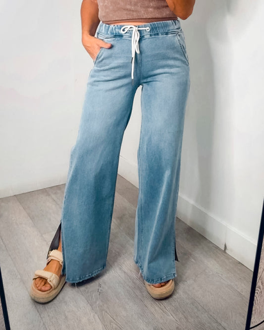 High Rise Drawstring Waistband Slit Wide Leg Jeans | LOVERVET by VERVET *LA LIVE PREORDER 34% OFF