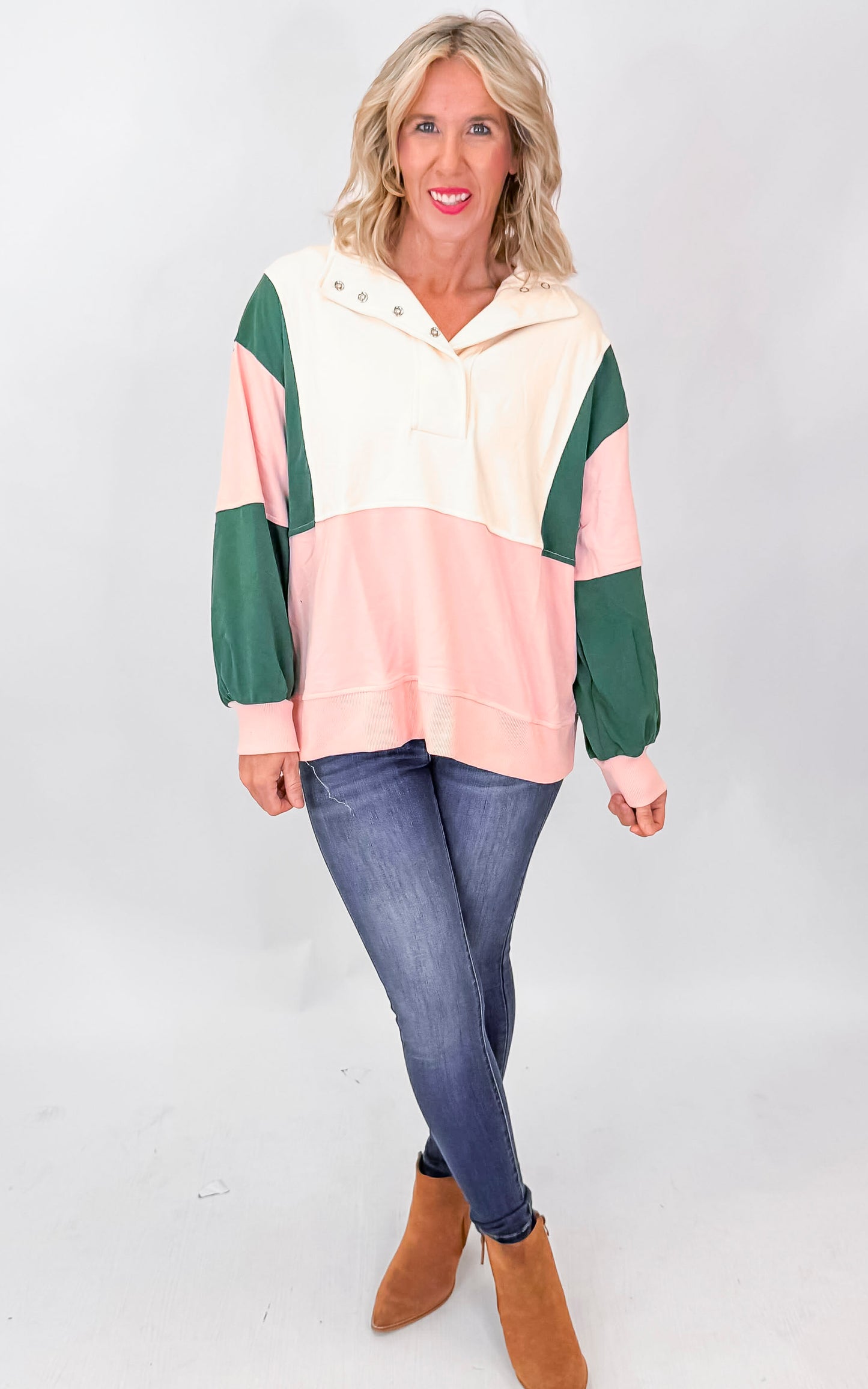 Color Block Semi Pullover Anorak Sweatshirt Top | PEACH LOVE