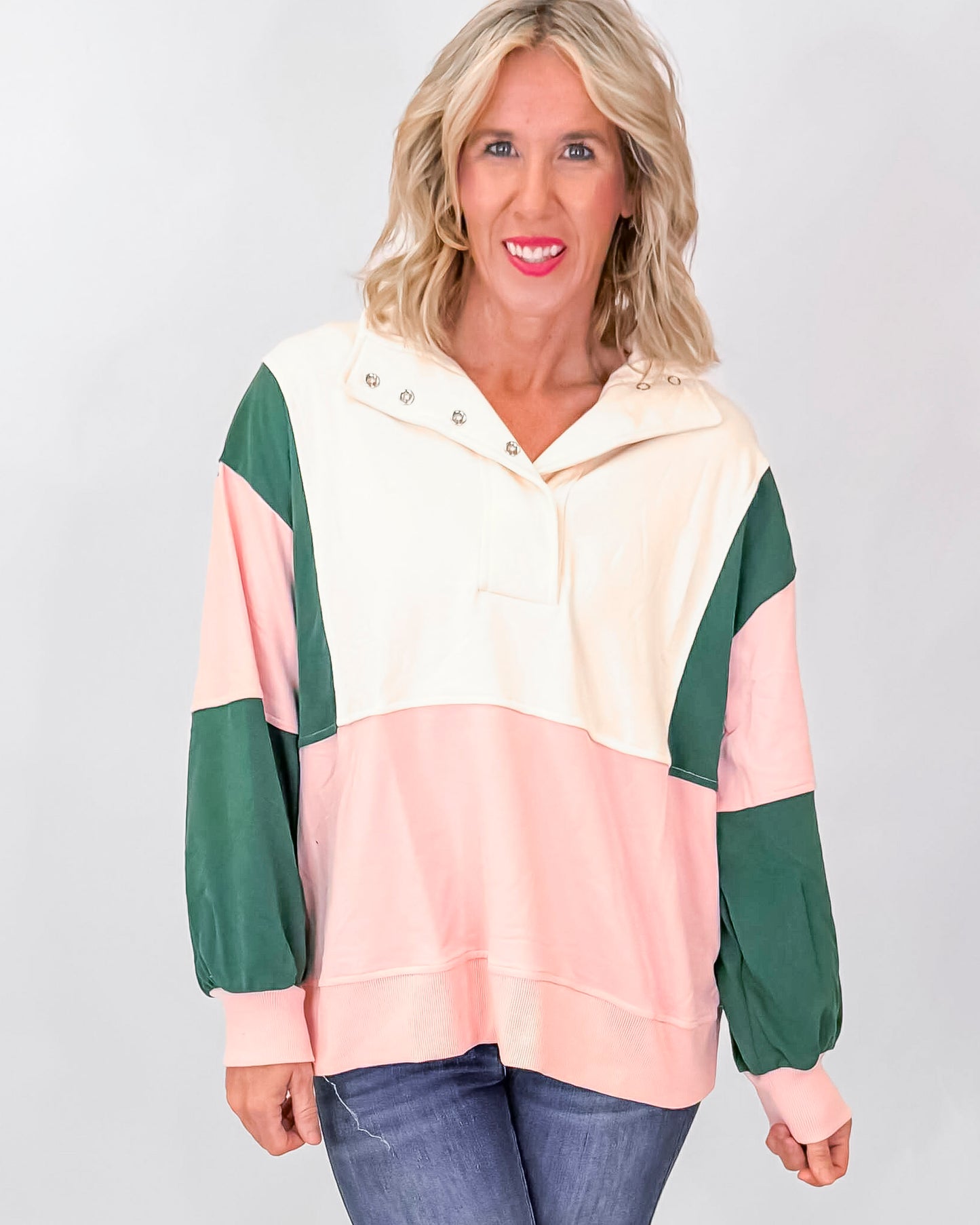Color Block Semi Pullover Anorak Sweatshirt Top | PEACH LOVE