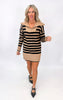 Mocha Striped Zipper Front Collared Sweater Dress