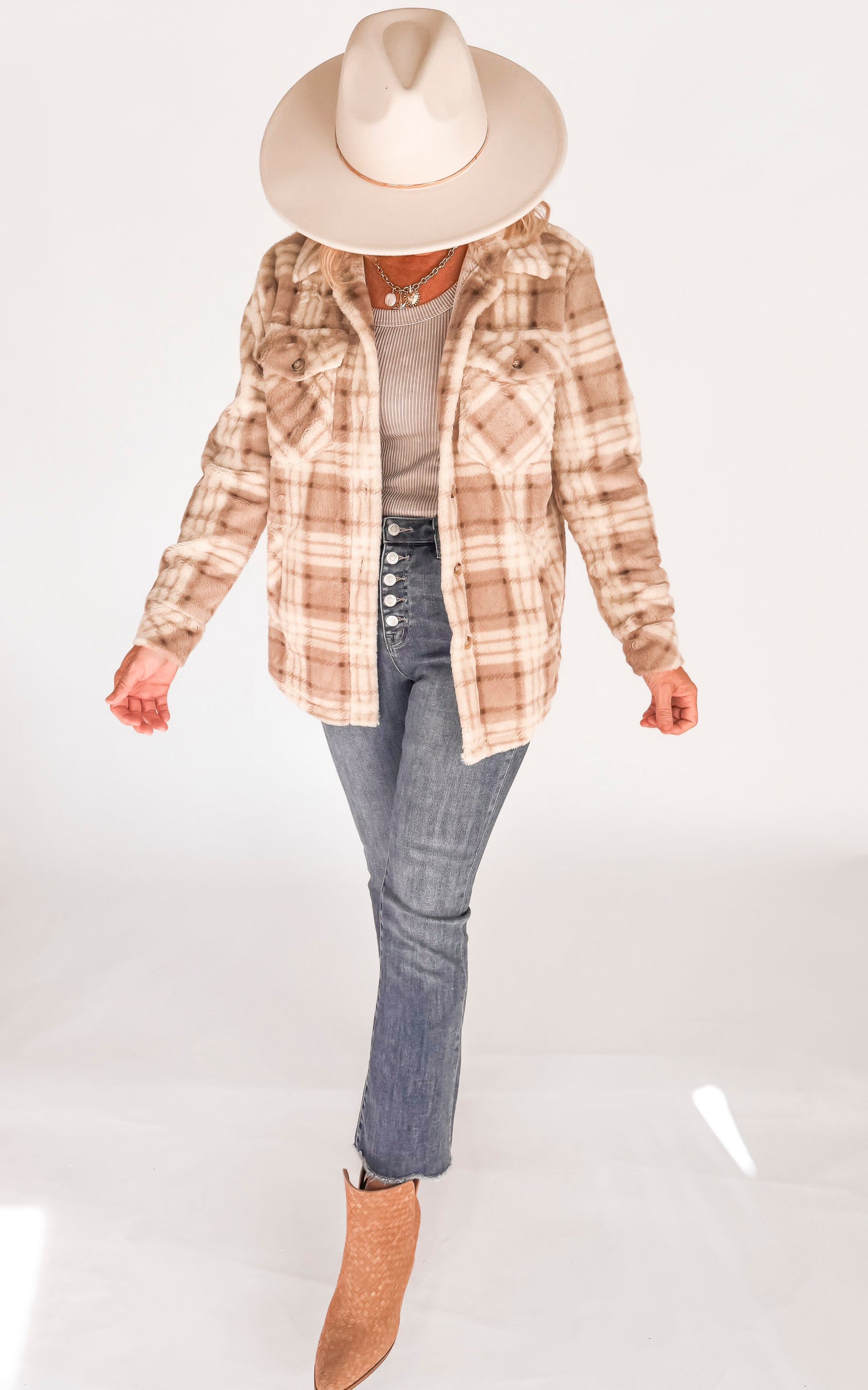 Beige Faux Fur Plaid Shacket