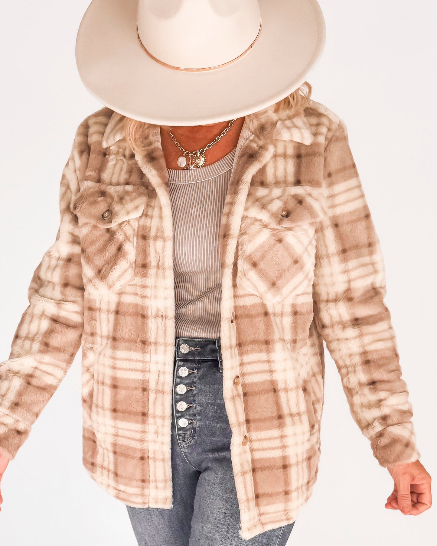 Beige Faux Fur Plaid Shacket