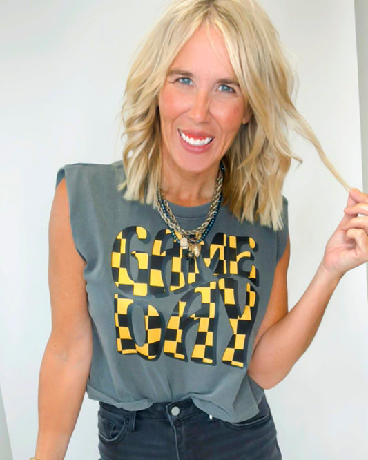 Black Gold Game Day Garment Dyed Graphic Muscle Tee