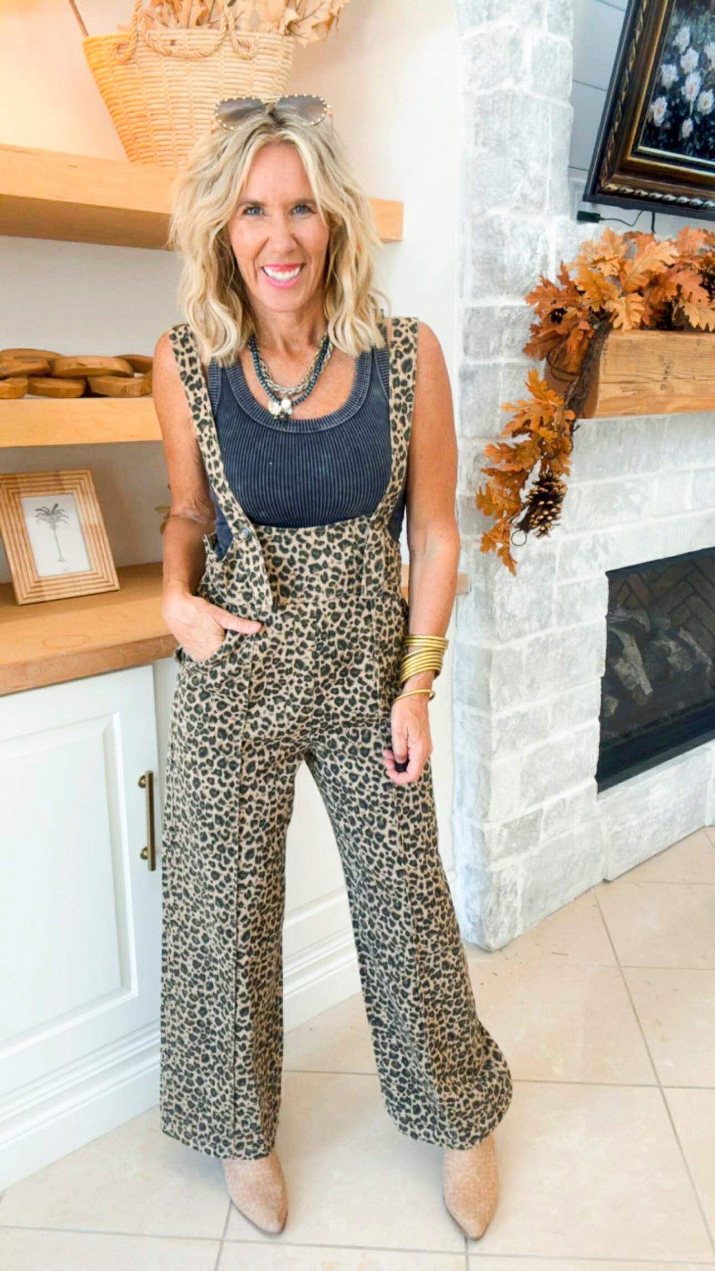 Washed Vintage Leopard Twill Denim Overalls