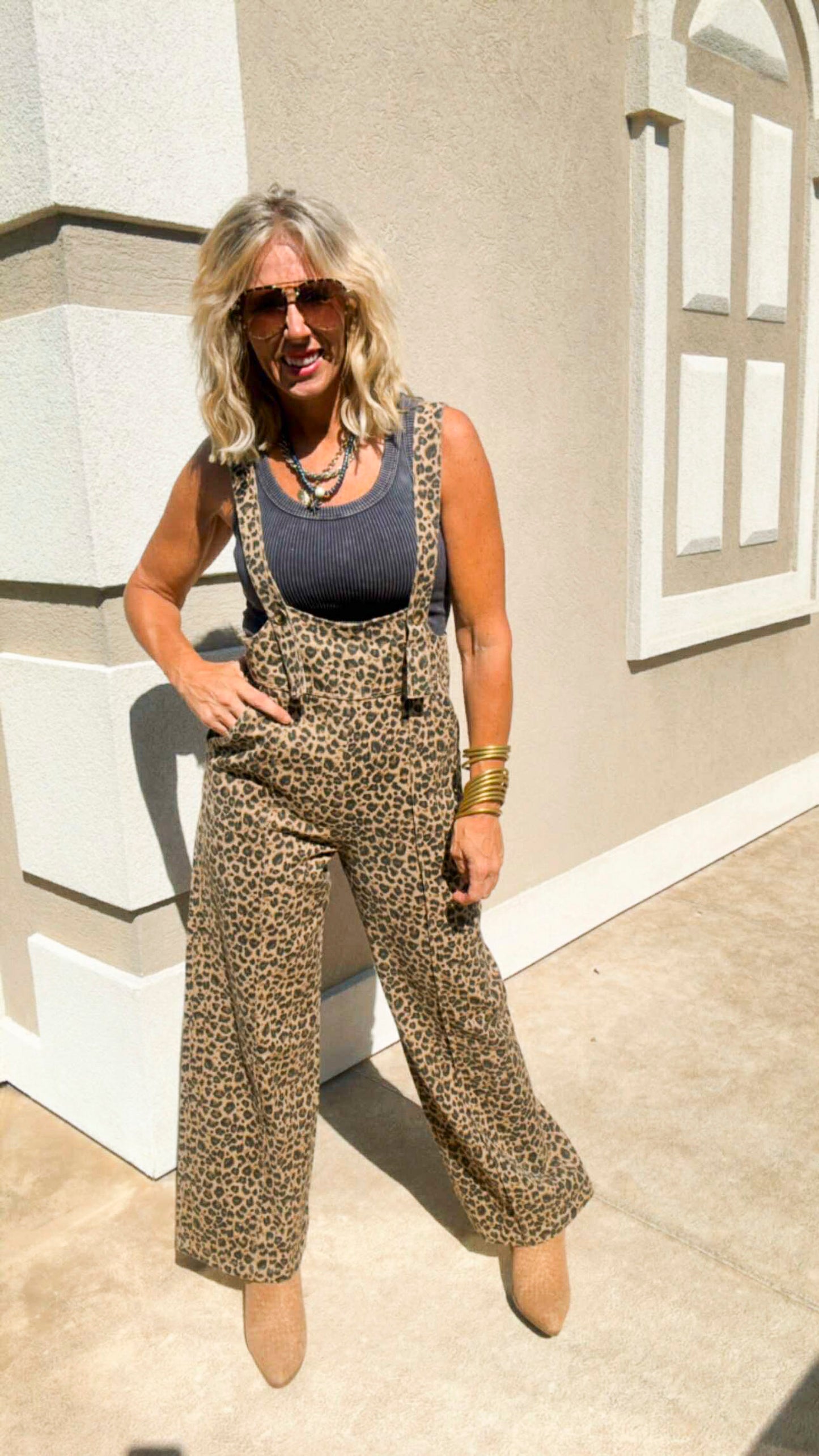 Washed Vintage Leopard Twill Denim Overalls
