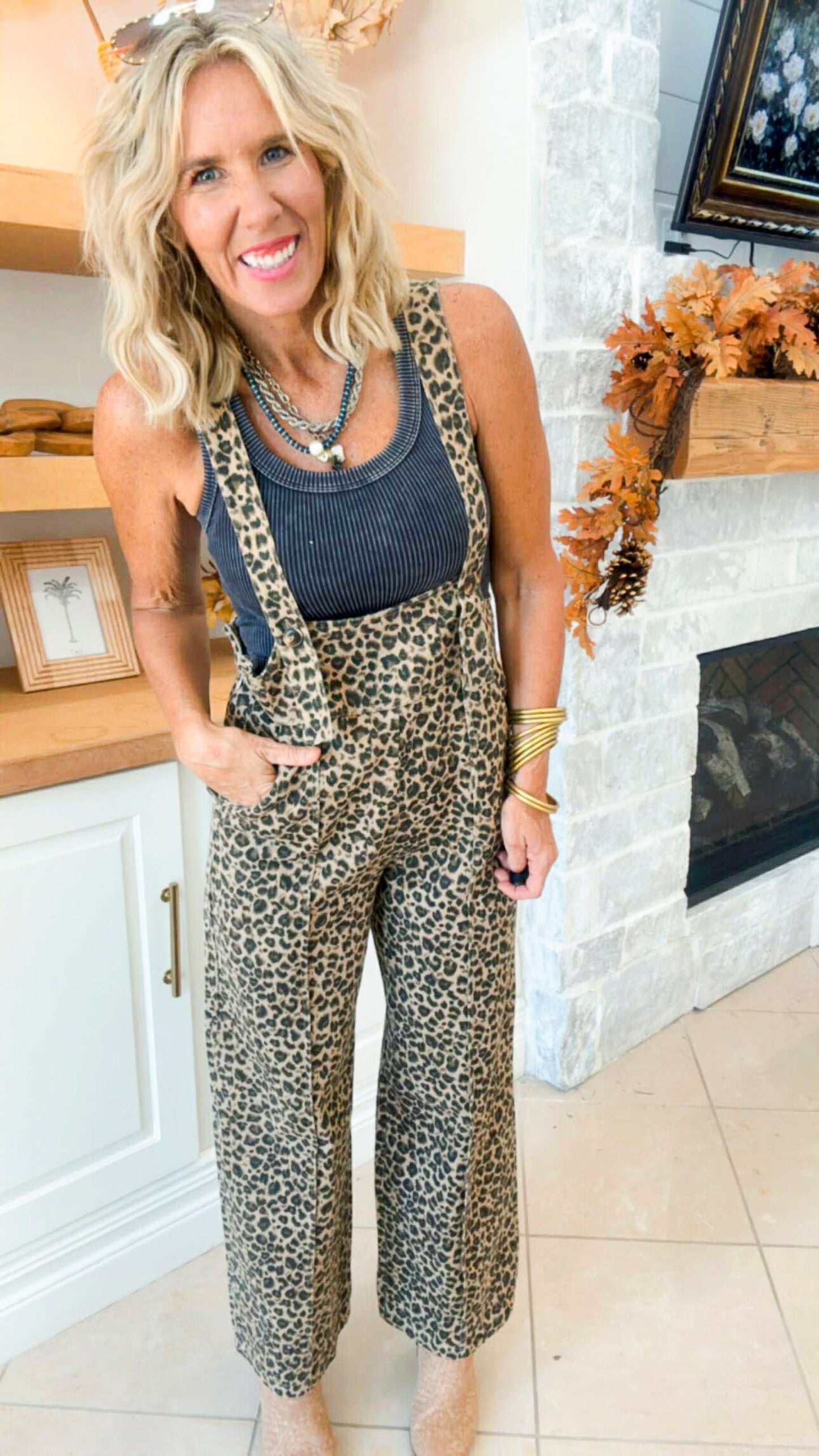 Washed Vintage Leopard Twill Denim Overalls