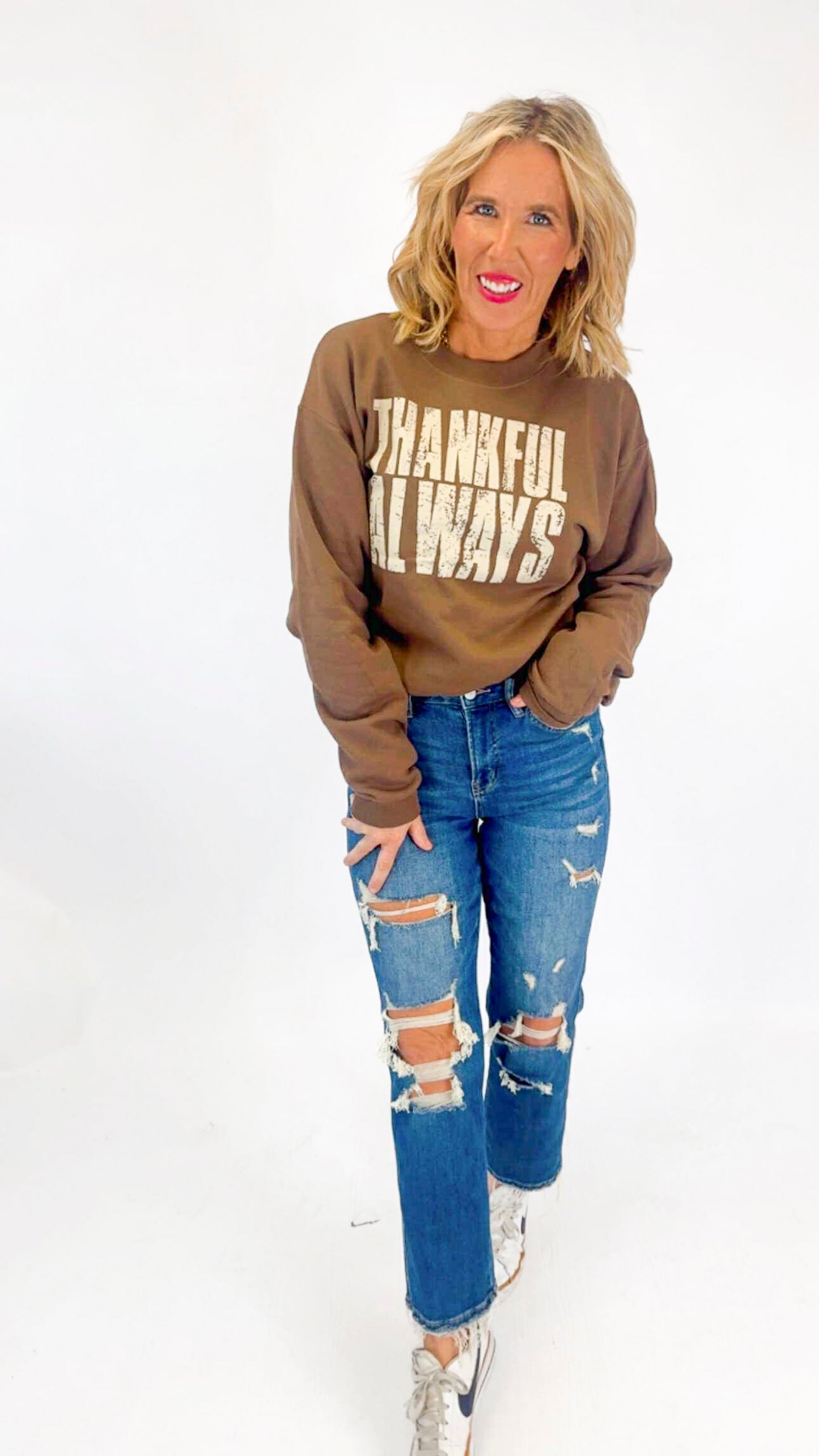 Always Thankful Brown Crewneck Graphic Sweatshirt