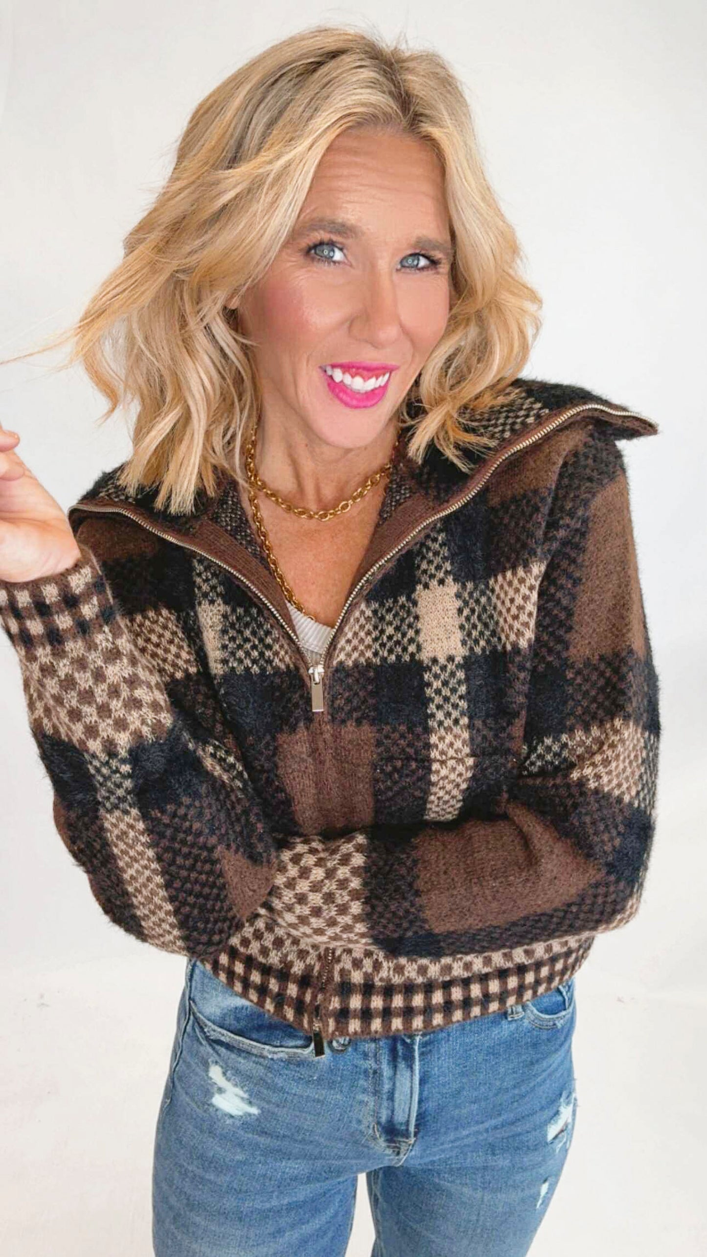 Plaid Knit Zipper Jacket