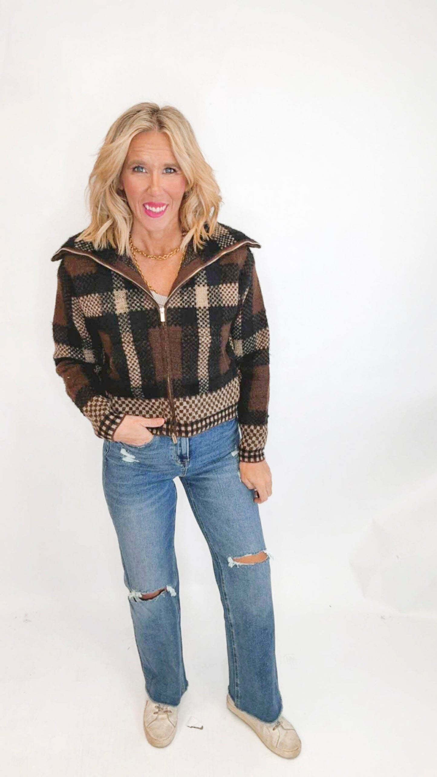 Plaid Knit Zipper Jacket