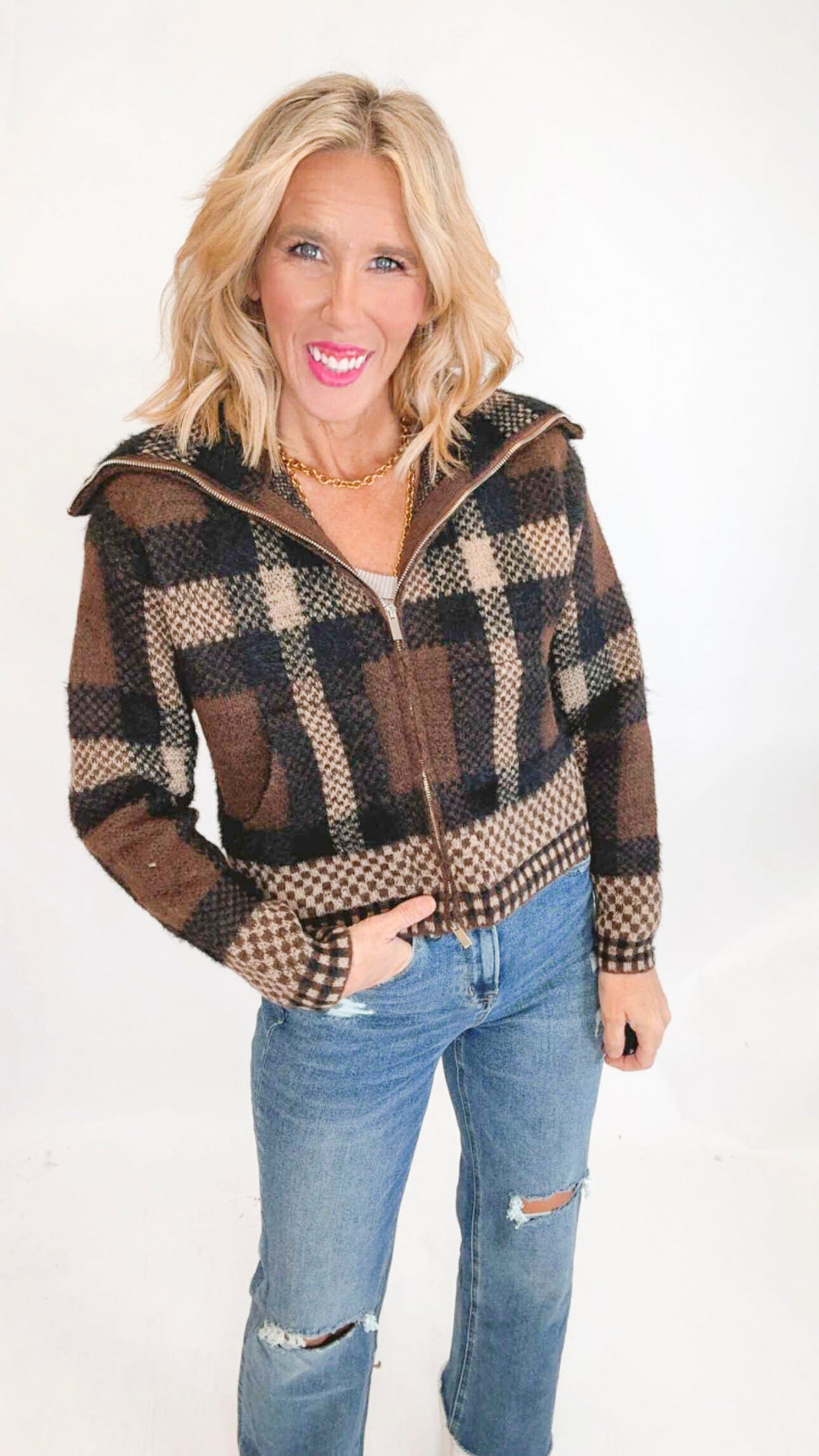 Plaid Knit Zipper Jacket