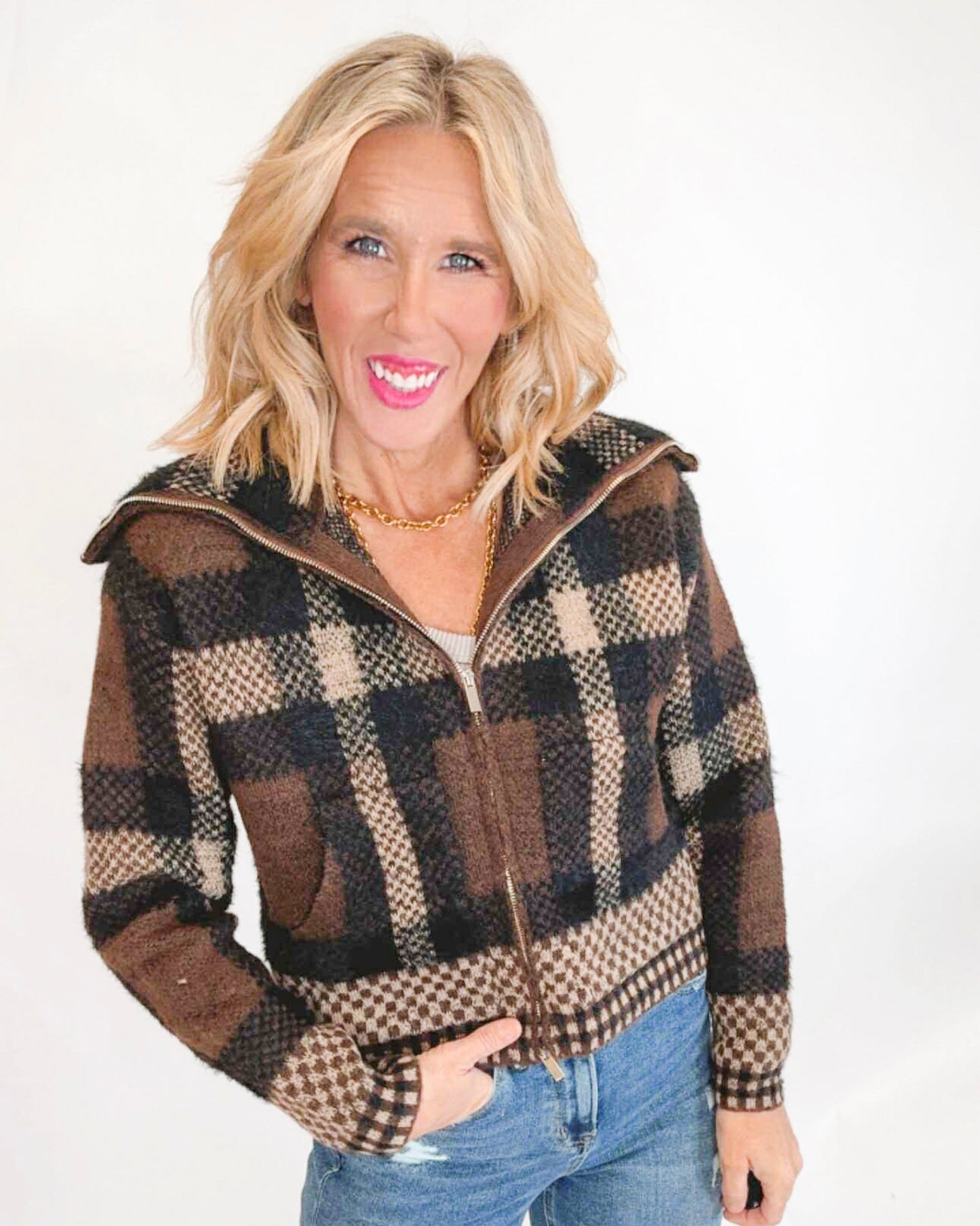 Plaid Knit Zipper Jacket