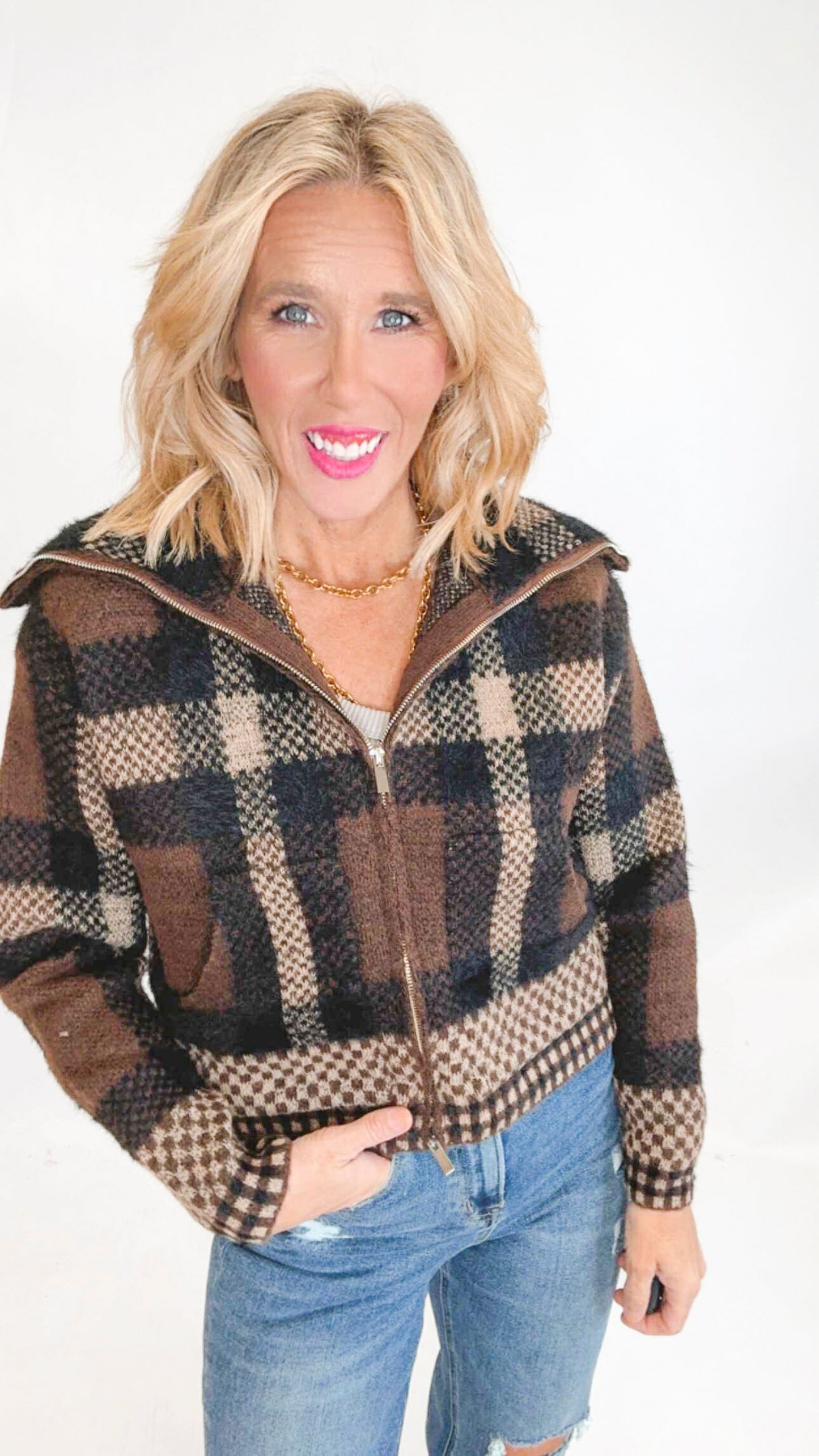 Plaid Knit Zipper Jacket