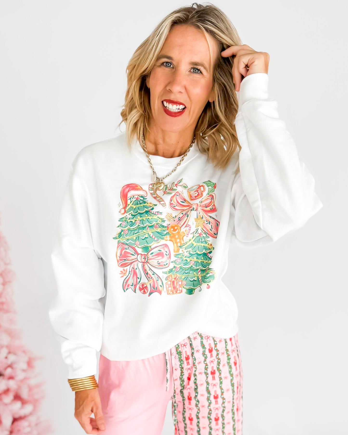 Bows & Candy Canes Crew Neck Graphic Sweatshirt