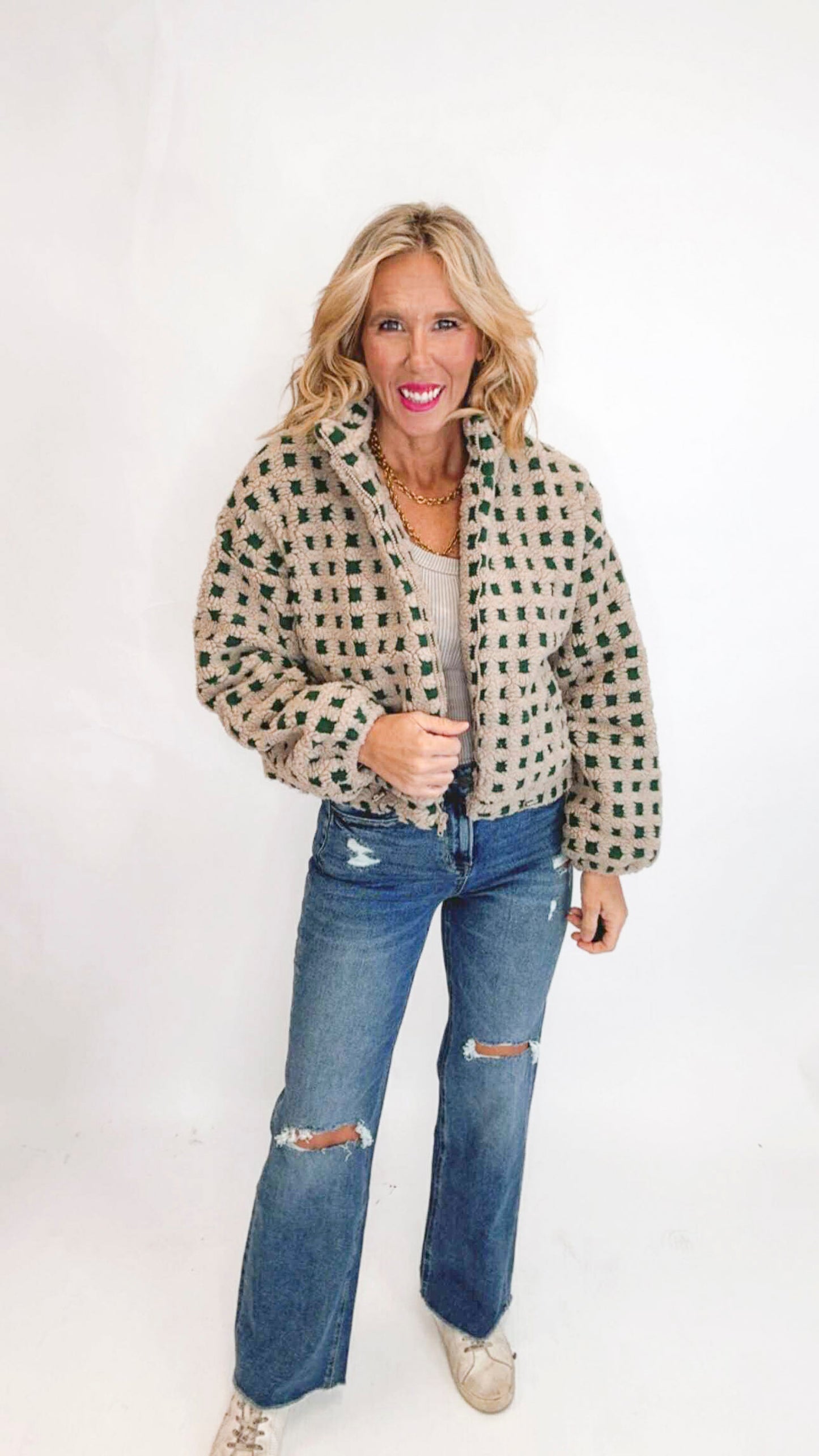 Checker Sherpa Zip Up Jacket