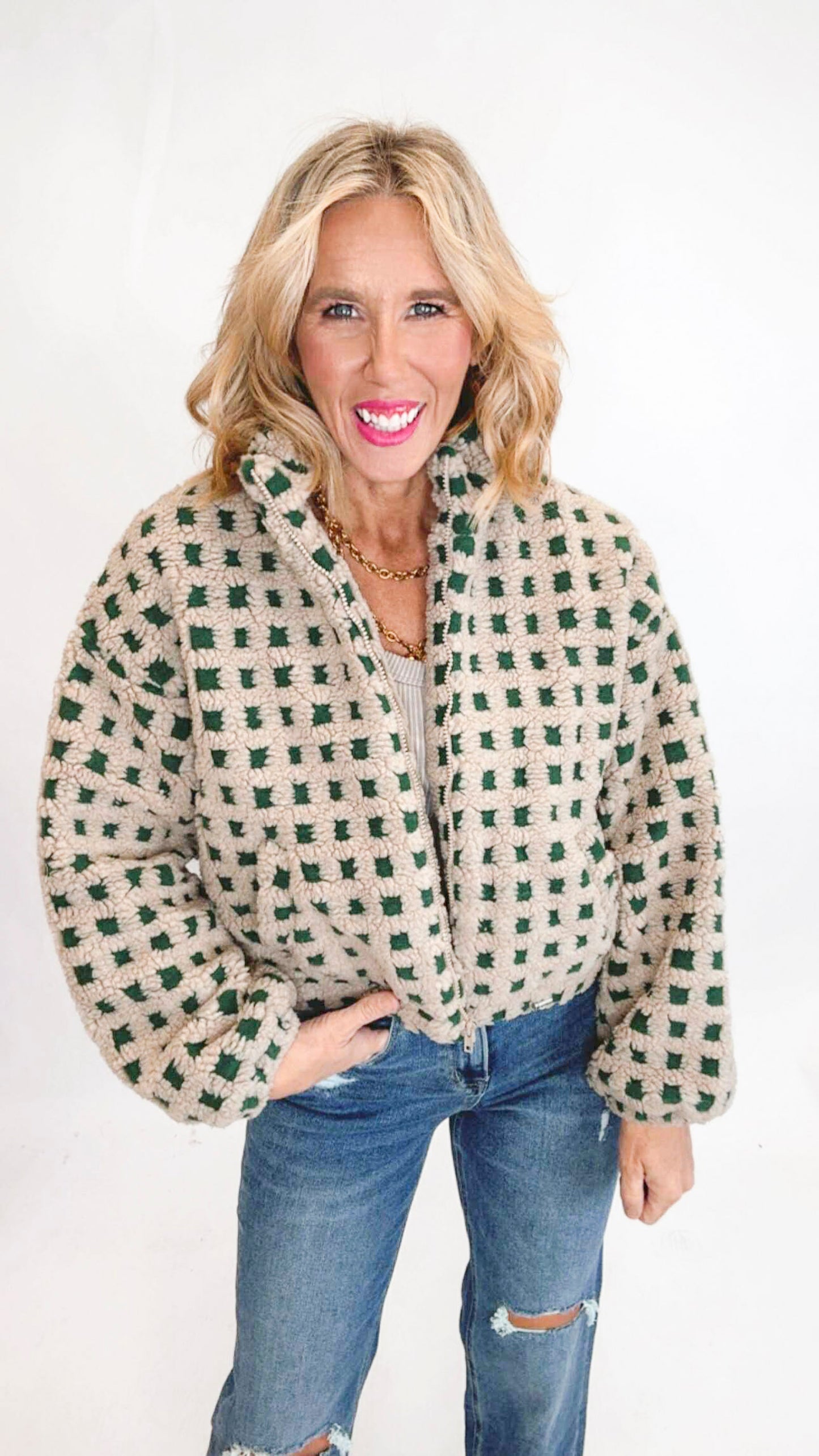 Checker Sherpa Zip Up Jacket